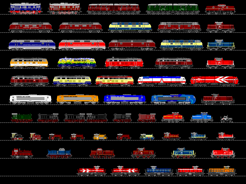 Hintergrundbild mit mehreren von mir gezeichneten Diesellokomotiven nach Art des MM&MM Bildschirmschoners sowie Diesellokomotiven aus dem MM&MM-Bildschirmschoner